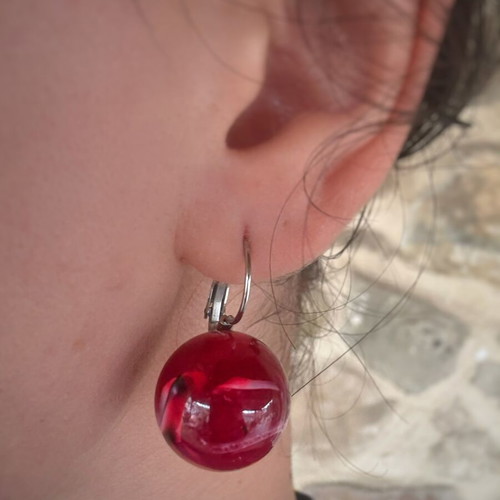 Red burgundy ball-shaped earrings with silver clasps like new