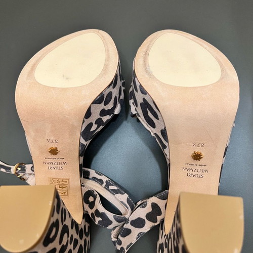 Stuart Weitzman Leopard Print Sandals 37.5 New, Pink-Beige
