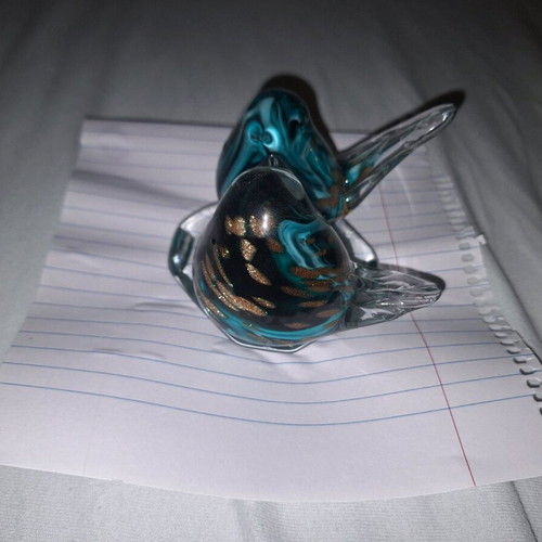 Glass decoration with 2 canaries like new, blue, black and gold