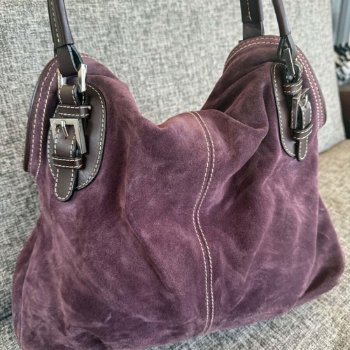 KEM suede and leather handbag used, purple and yellow