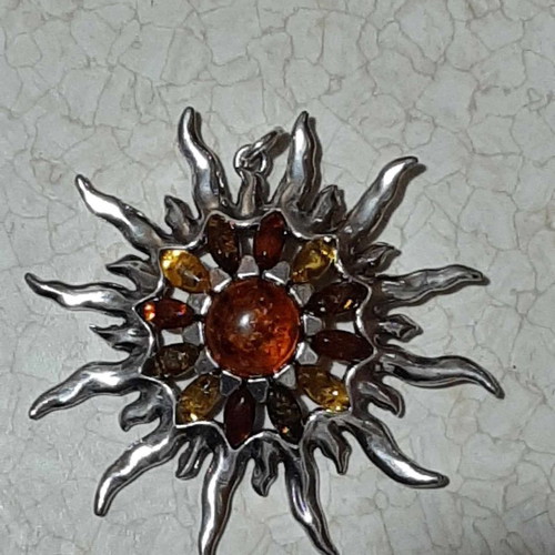 Sun pendant with Baltic amber in 925 silver, new, unworn
