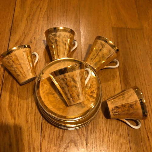 Coffee set used, gold-orange, 5 cups and 6 saucers, antique