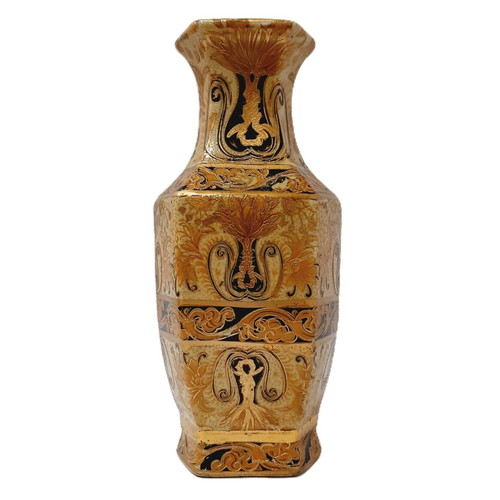 Chinese vintage revival vase used, hexagonal shape, gold ornaments, 26 cm