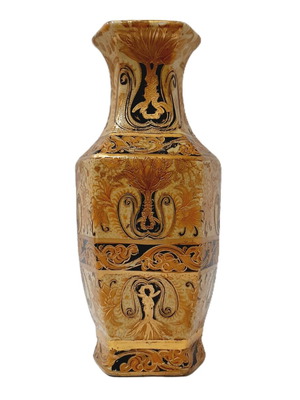 Chinese vintage revival vase used, hexagonal shape, gold ornaments, 26 cm