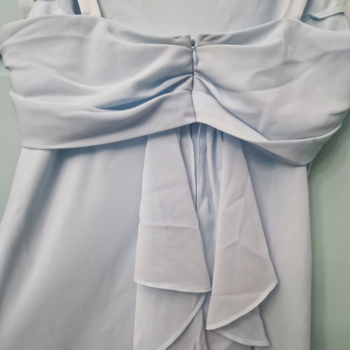 Sleeveless baby blue dress with cowl neck and asymmetric ruffle