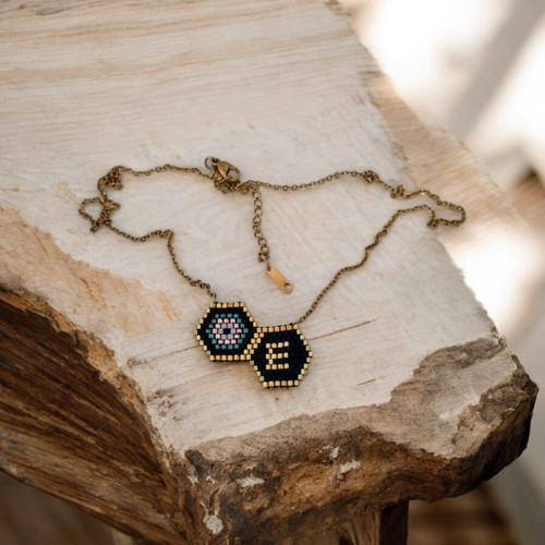 Steel monogram necklace with miyuki eye pendant made to order, black and gold
