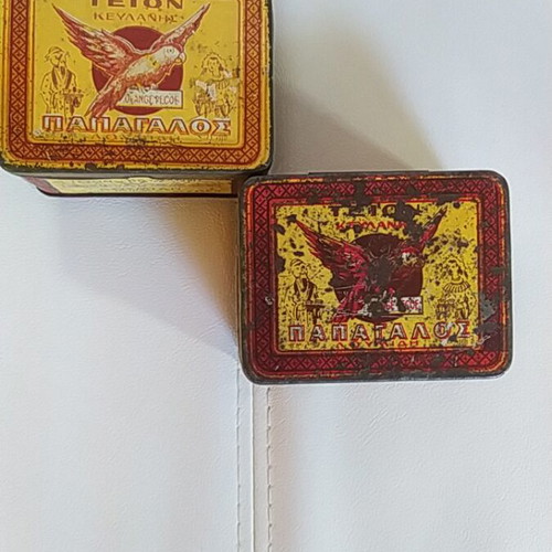 Papagalos Loumidis tea tins used, set of 2, 1950s