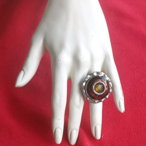 Vintage stainless steel ring with enamel and citrine gemstone like new