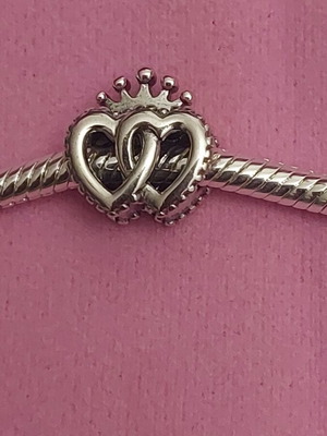 Charm with united hearts and crown, new, A.L.E. silver
