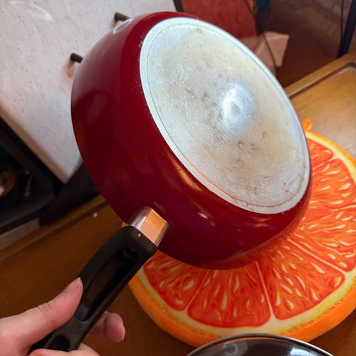 Non-stick frying pan used, red, lightweight and practical