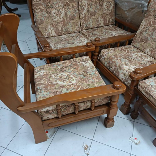 Rustic living room set used, sofa, two armchairs, stool