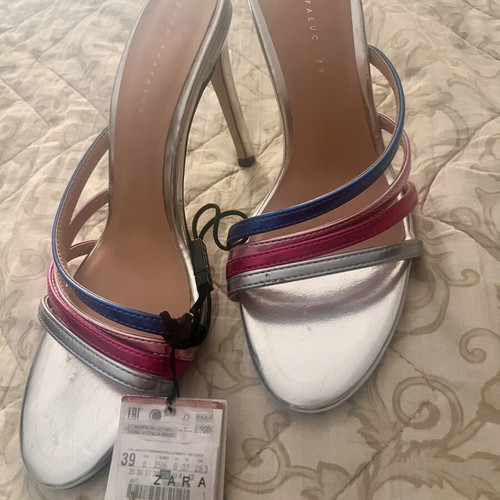 Zara Trafaluc high-heeled sandals new, multicolor straps, silver texture
