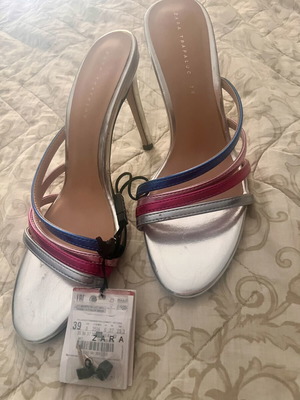 Zara Trafaluc high-heeled sandals new, multicolor straps, silver texture