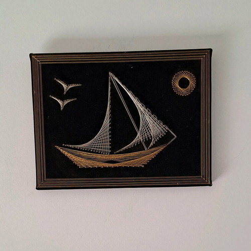 Vintage String Art Sailboat Handmade Cyprus like new