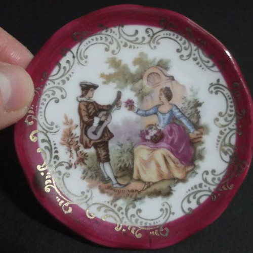 Limoges vintage miniature porcelain decorative plate used, Victorian couple theme