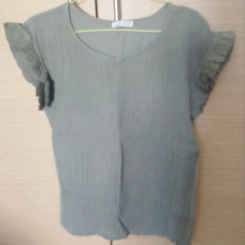 Short Sleeve Gofre Linen Blend Blouse One Size, New, Khaki