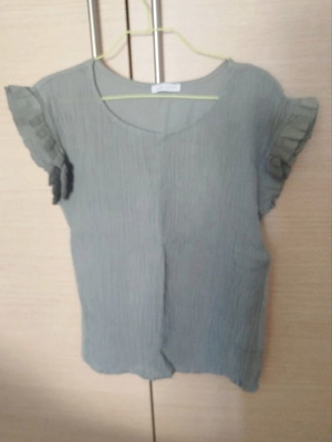 Short Sleeve Gofre Linen Blend Blouse One Size, New, Khaki