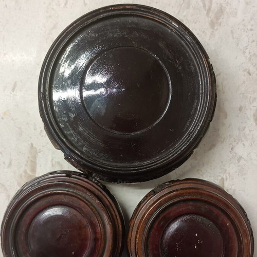 Vintage Cloisonné Vase Set with Carved Wooden Bases like new