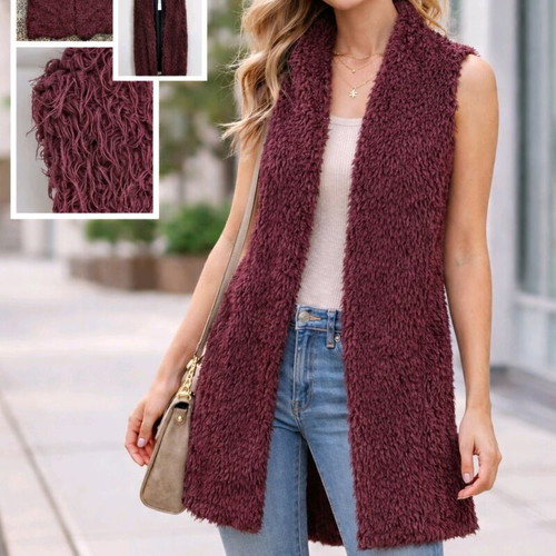 Long burgundy Helmi vest new with textured fringe detail