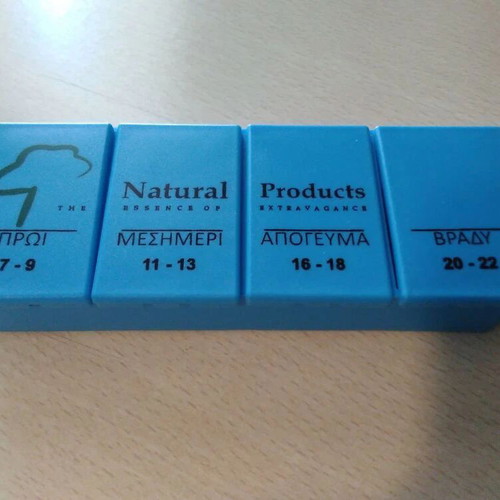 Collectible pill storage box, normal size, like new, blue, 4 compartments