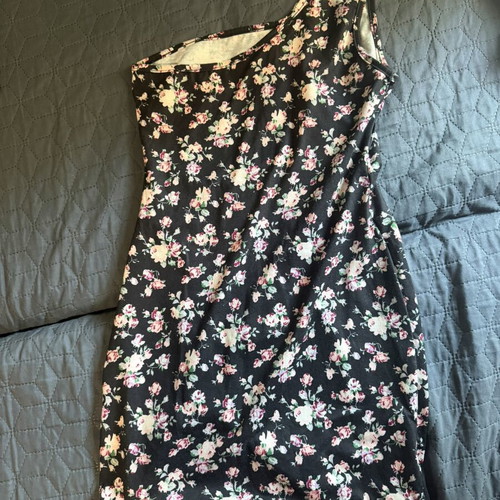 Shein mini dress with one shoulder, black floral