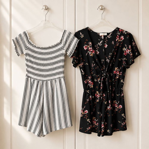 Set of two playsuits rompers like new, black floral and striped Bershka