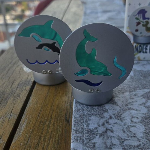 Set of 2 metal tealight holders with dolphin stained glass design