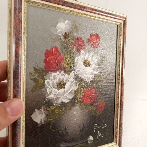 Authentic oil painting 19x15 cm like new with vase and flowers