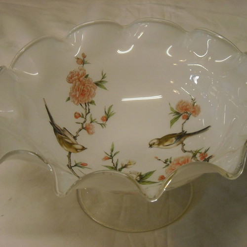 Vintage fruit bowl used, double white glass with swallows