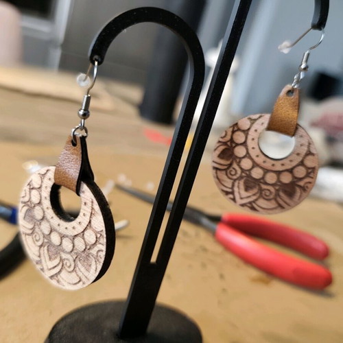Wooden Mandala earrings with leather detail new