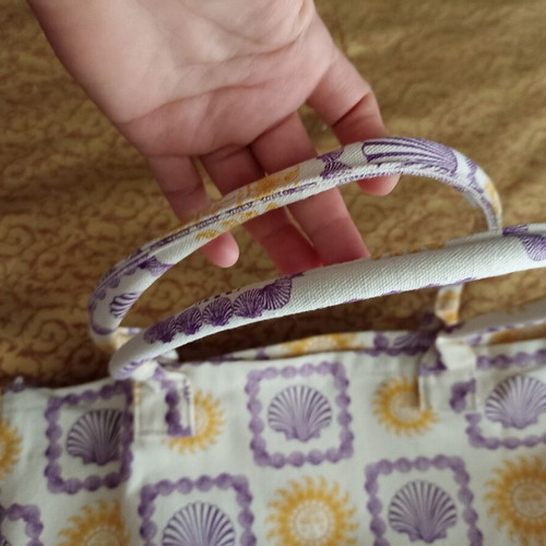 Beach bag with matching cotton shoulder bag and pouch, new, purple and yellow