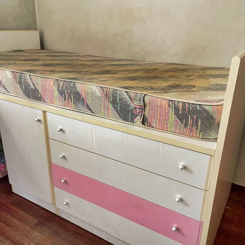 Children's bed with desk and drawers used, white with pink details