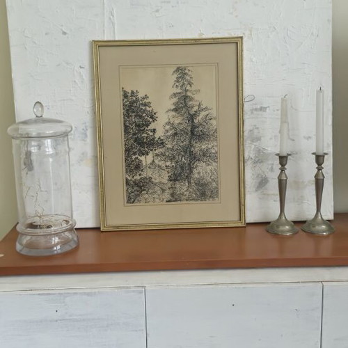 Ink drawing framed art vintage author's signed used