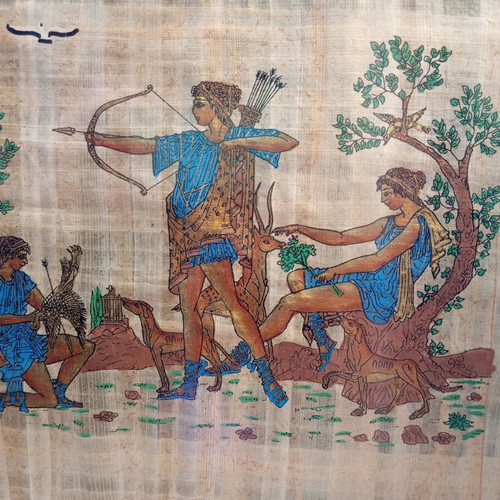 Papyrus painting used, framed wood 44x53 cm