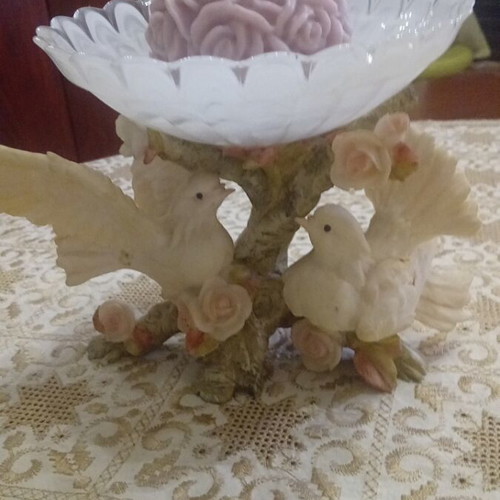 Candlestick with two clay doves and glass container like new