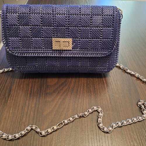 Handmade knitted shoulder bag used, blue with silver strap