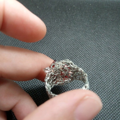 Handmade white metal ring with quartz and garnet semi-precious stones
