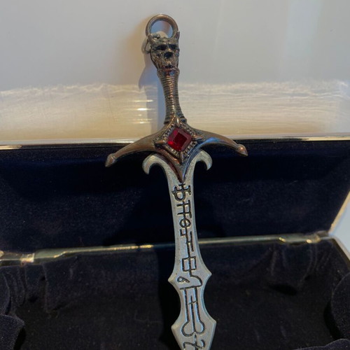 Alchemy Gothic Sword Pendant used, 1993, pewter and crystals
