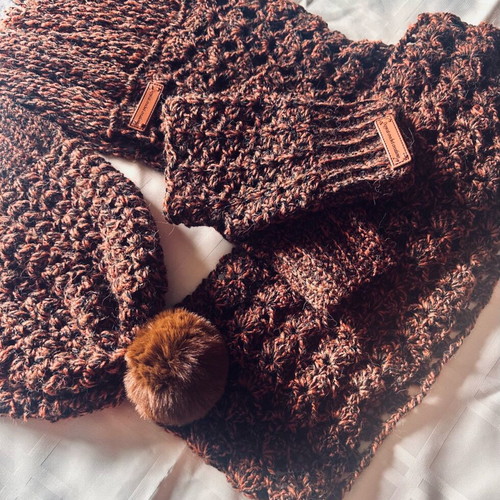 Handmade knitted set scarf, hat and gloves brown