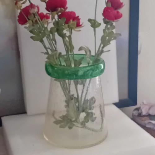 Large glass vase with fabric flowers