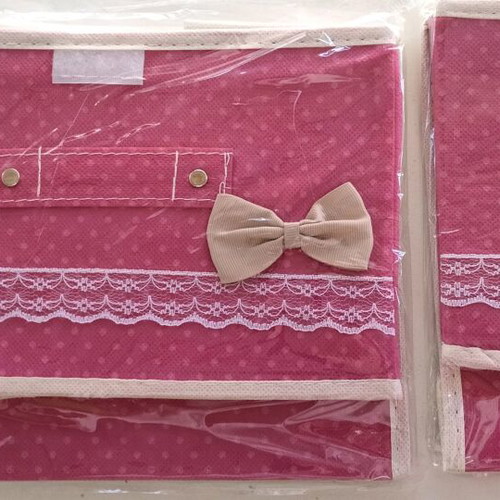Set of 2 New Fabric Storage Boxes Fuchsia Polka Dot with Bow and Lace 25x15x19