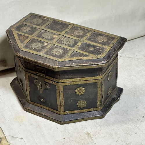Vintage wooden jewelry box with brass decorations used