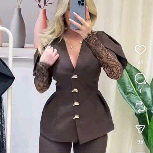 Club brown set new, blazer with lace sleeves and pants XL 42