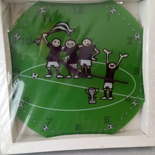 Wall clock with football theme, quartz mechanism, glass/plastic surface