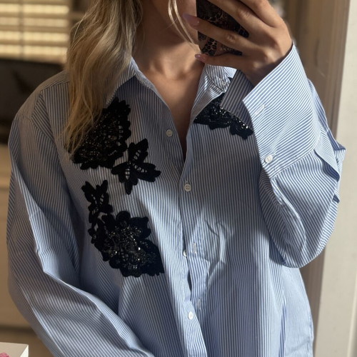 Zara Woman ριγέ πουκάμισο με απλικέ, μέγεθος L, σαν καινούργιο