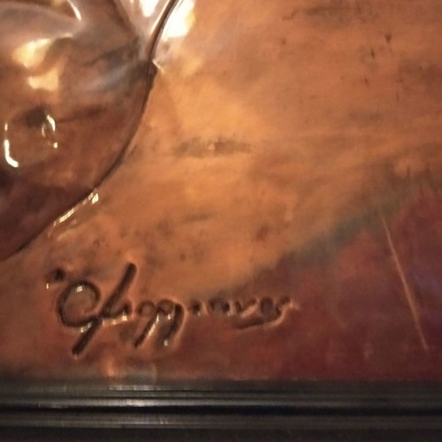 Copper painting signed by artist, two racehorses, like new