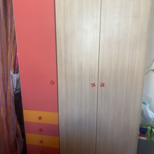 Children's bedroom set used with wardrobe, beds, desk, and drawers