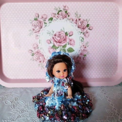 Miniature Doll New with Handmade Dress and Hat 10cm