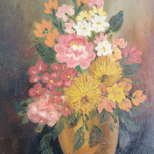 Vintage oil painting on canvas used, vase with colorful bouquet