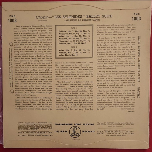 Chopin Les Sylphides Ballet Music 10" LP, Royal Opera House Orchestra, Hugo Rignold
